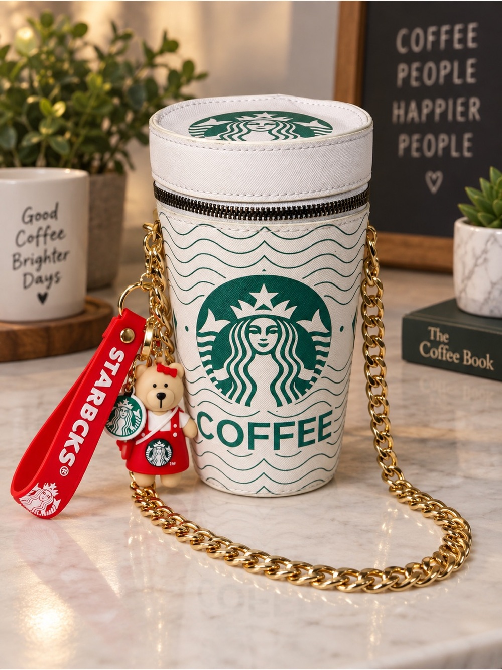 ⭐️💵🧋Coffee Cup PU Leather Crossbody Bag Gold Chain Bear Charm Novelty Purse